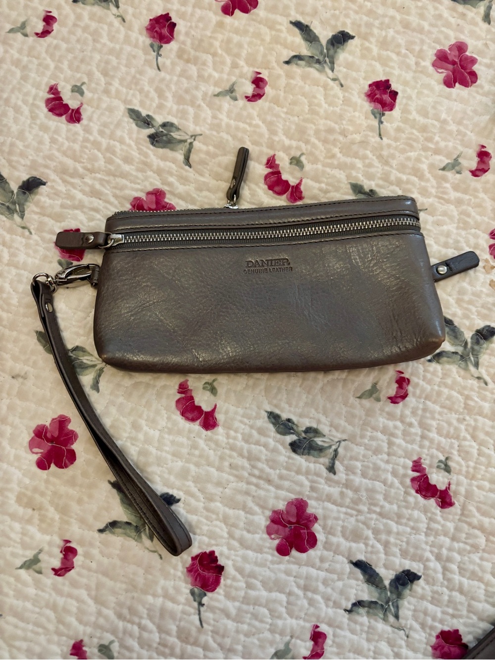 Danier Gray Leather Wristlet with Zipper Detail